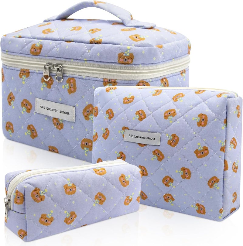 Gosect Quilted Makeup Bag Set, 3pc Large Floral Cosmetic Bag for Women, Cute Cotton Makeup Bags, Flower Travel Toiletry Organizer Bag (Blue Small Sheep) - Image 1